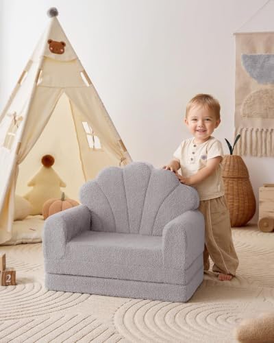 Blissful Diary Foldable Kids Couch, 2-in-1 Kids Sofa Chair, Gray Shell