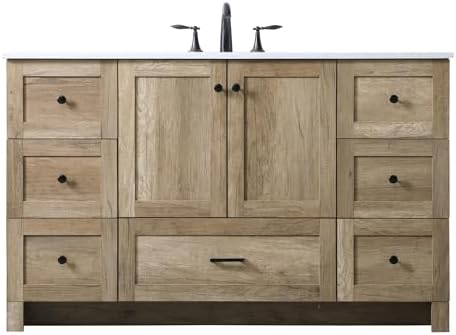 54" Pre-Assembled Bathroom Vanity with Sink, Engineered Wood, Ivory White Engineered Marble Countertop Attached, Single Rectangle Porcelain Sink, 7 Soft-Close Drawers, Natural Oak