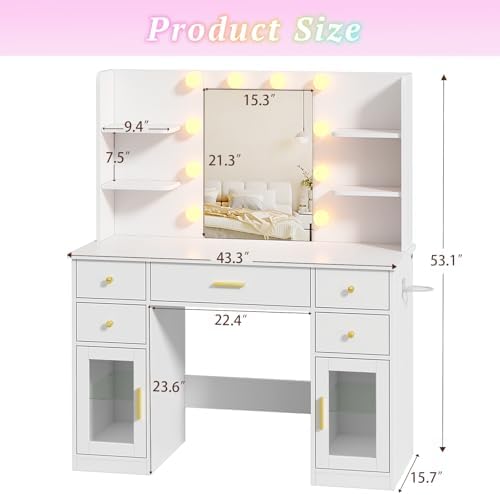 White Vanity Desk with Mirror and Lights & Charging Station, RGB Cabinets | Makeup Vanity with 5 Drawers & 4 Open Storage Shelves, Large Dressing Table with Hairdryer Holder for Women