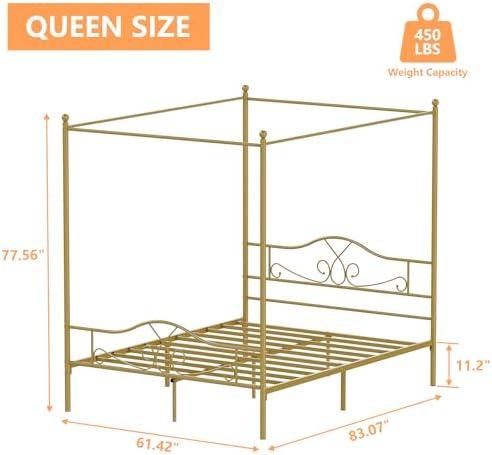Queen Canopy Bed Frame with 4 Posters, Queen Size Bed for Girls Adults