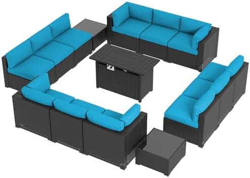 Aoxun 15 Piece Patio Furniture Set with 44” Fire Pit Table, Wicker Rattan Patio Sectional Sofa, Outdoor Furniture Set with Thickened Cushion, Peacock Blue