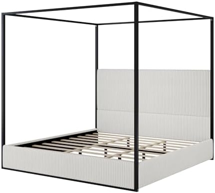 Merax Queen Metal Canopy Bed with Tall Upholstered Headboard, White