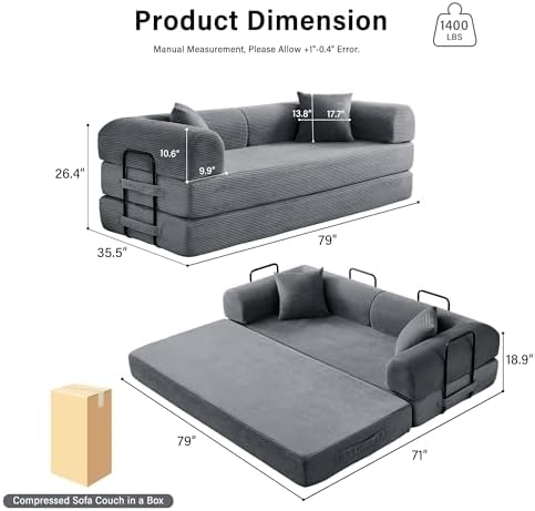79" Convertible Sofa Bed, Boneless Sleeper Futon Couch for Living Room