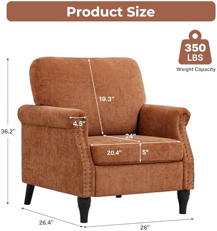 Accent Chair for Living Room, Modern Mid Century Reading Chair Armchair High Back Upholstered Armchair with Wooden Legs for Living Room Bedroom Office (Orange, 2pcs)