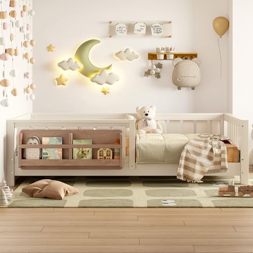 Bellemave Twin Size Montessori Floor Bed with Rails and Slats, Twin Size Floor Bed with Bookshelf and Fence, Low Profile Montessori Beds Frame for Girls, Boys, Beige