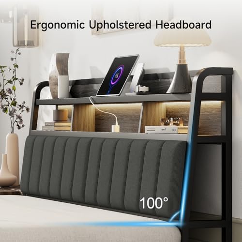 King Headboard Only with Storage, Charging Station, Black & Grey