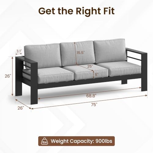 Kiss the Water 3 Seats Aluminum Outdoor Patio Sofa Set, All Weather Rust-Proof Metal Patio Couch, Modern Outdoor Furniture for Backyard Porch Garden, 5" Thick Waterproof Olefin Cushions, Light Grey