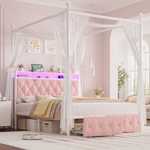 HIFIT Full Size LED Canopy Bed Frame with Storage & Charging Station, Pink