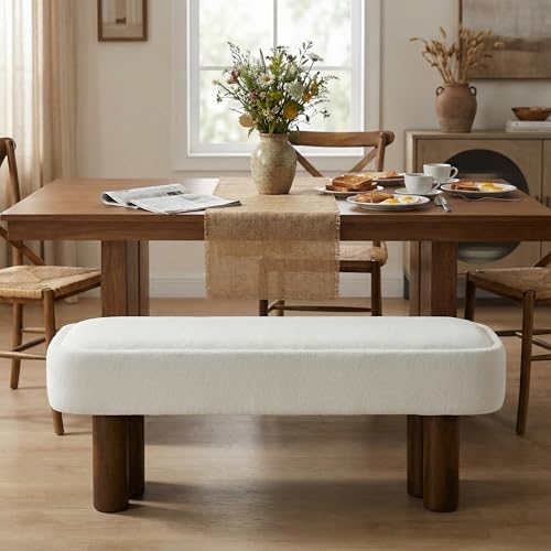 Christopher Knight Home Damas Fabric Upholstered Dining Bench, Wooden Entryway Bench, Long Sofa Footstool for Living Room, Bedroom End of Bed Bench, Milky White+Walnut