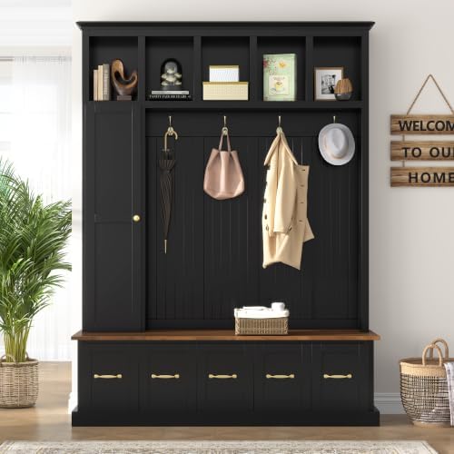 RuiSiSi Hall Tree with Bench and Shoe Storage, 5-in-1 Entryway Coat Rack with Drawer and Storage Cabinet, Antique Black