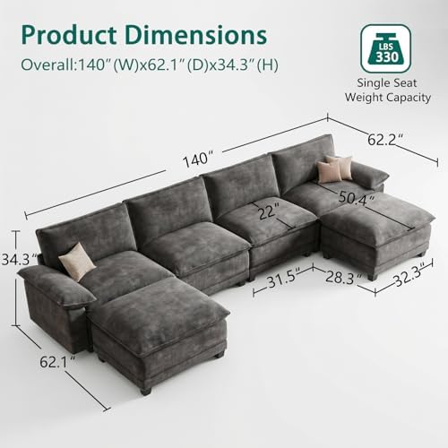 140" Modular Sectional Couch, U Shaped Cloud Sofa for Living Room