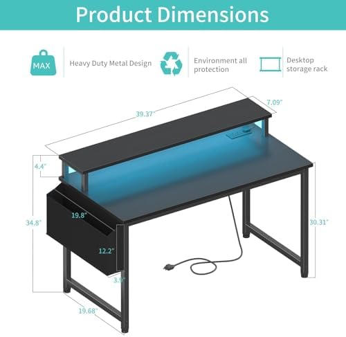 Lufeiya Black Gaming Desk with LED Lights and Power Outlets, 40 Inch Teen Writing Study Table Home Office Desks with Monitor Stand, Computer Desk with Charging Station USB Port, Black