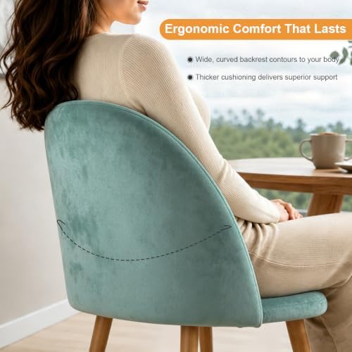 Big Dining Room Chairs Set of 2, Velvet Upholstered Modern Living Room Chairs with Metal Legs & Ergonomic Curved Backrest, Mid-Century Kitchen Chairs for Bedroom, Apartment, Mint Green