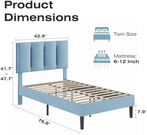 VECELO Twin Size Bed Frame with Upholstered Headboard, Light Blue