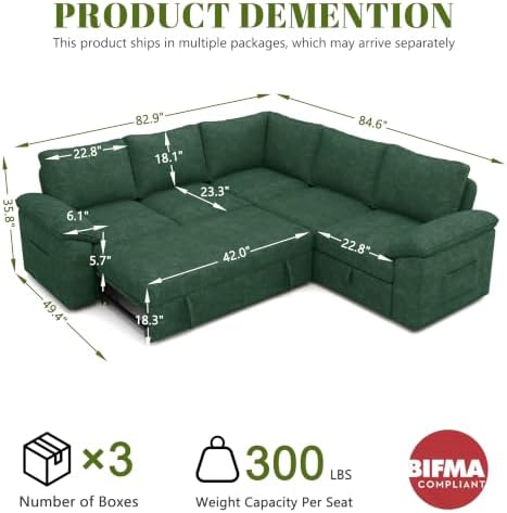 85'' Modular Sectional Sofa with Pull Out Bed, Sleeper Sofa, Green