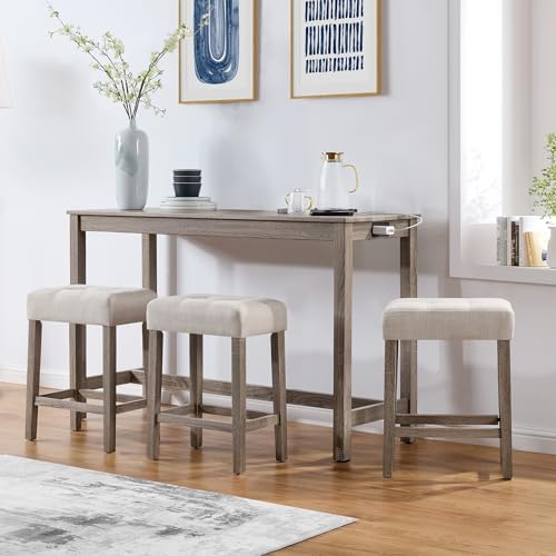 DUHOME 4 Piece Bar Table Set with Power Outlet,Industrial Breakfast Table with 3 Padded Stools Solid Wood Counter Height Dining Table Set for Living Room, Dining Room Cream+Brown
