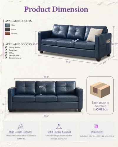 TYBOATLE Faux Leather Blue Couch with USB, 3-Seater Sofa for Living Room