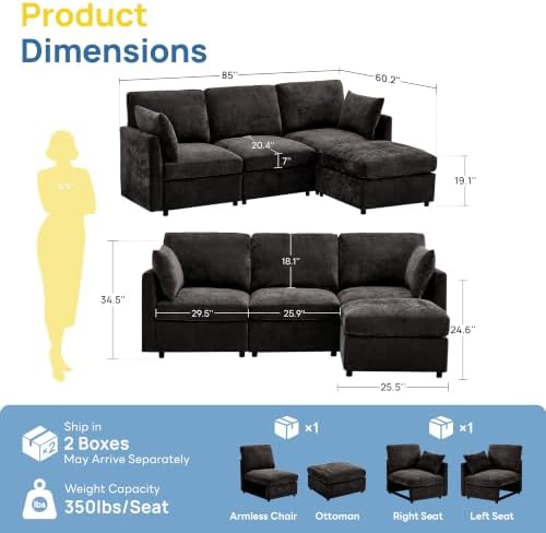 Iroomy Sectional Couch for Living Room, Comfy L Shaped Convertible Sofa, 4 Seater Modern Chenille Sofa with Ottoman,Black