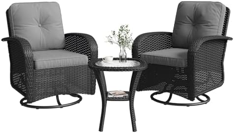 Aoxun 3 Pieces Patio Furniture Set, Patio Swivel Rocker Chairs Set of 2, Wicker Outdoor Bistro Set with Rocking Chair, Thickened Cushions and Table for Porch (Light Grey)