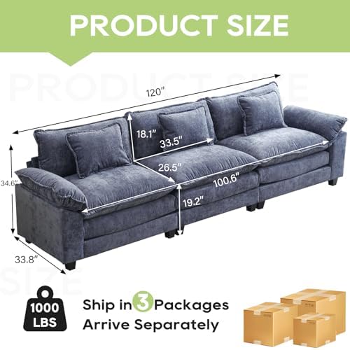 Oprisen 120" Modular Sectional Sofa, Comfy 3 Seater Deep Cloud Couch