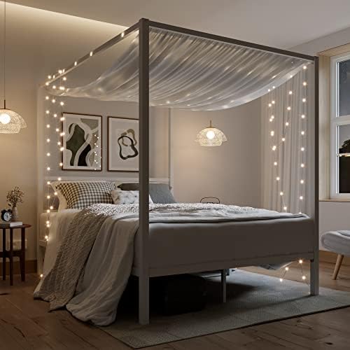 ikalido Queen Size Metal Canopy Bed Frame, Heavy-Duty Support, White