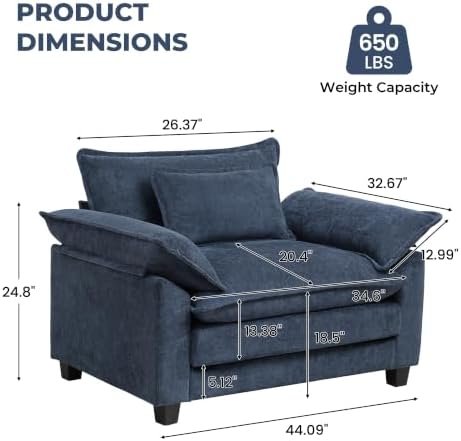Oversized Accent Chair,44" Chenille Living Room Chairs,Modern Upholstered Armchair Cloud Sofa Chair with Extra Thick,Comfy Reading Chair Side Chair for Living Room Bedroom Apartment Blue