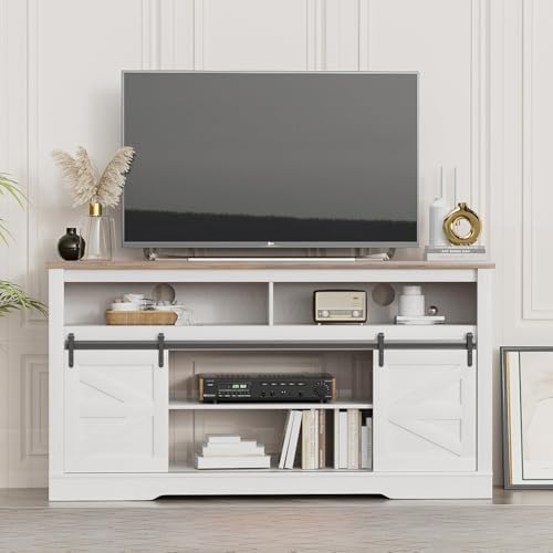 YESHOMY Farmhouse Fireplace TV Stand for TVs up to 65+ Inch, Rustic White