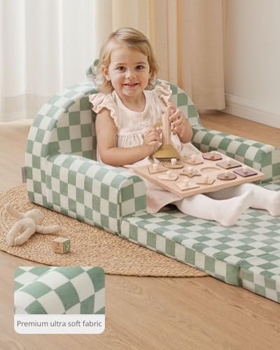 Blissful Diary Foldable Kids Couch, 2-in-1 Kids Sofa Chair, Sage Checkered