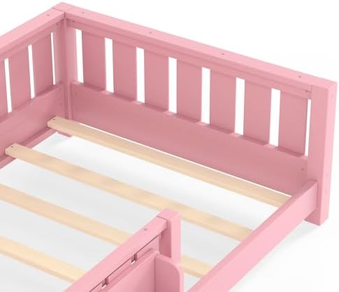 Bellemave Twin Floor Bed with Rails and Slats, Twin Size Montessori Floor Bed with Bookshelf and Fence, Easy Assemble Montessori Beds Frame for Girls, Boys, Pink