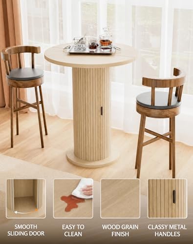 Bar Table with Storage and Sliding Door, 39.4” H 31.5” W Small Round Kitchen Table, Home Bar High Top Cocktail Table for Kitchen, Coffee Bar, Living Room, Oak