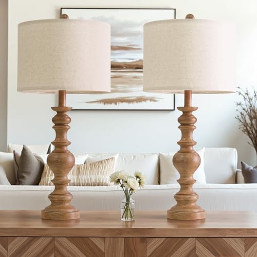 BOBOMOMO 27" Light Brown Table Lamps Set of 2, Large Farmhouse Resin Lamps with Linen Shades, Rustic Vintage Lamps for Living Room, Bedroom, Console Table or Entryway Home Lighting
