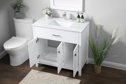 36" Pre-Assembled Bathroom Vanity with Sink, Engineered Wood, Calacatta White Engineered Marble Countertop Attached, Single Rectangle Porcelain Sink, White