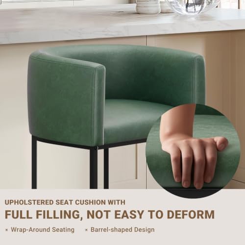 26" H Counter Height Bar Stools Set of 2, Modern Barrel Counter Stools with Backrest and Arms, Faux Leather Upholstered Accent Barstools for Kitchen Island,Support 450 LBS (Green)
