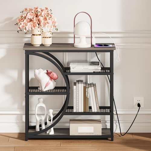 Snughome Entryway Table, Console Table with Charging Station, Industrial Narrow Sofa Table with 5 Tier Storage Shelves, Entrance Table for Hallway, Living Room, Foyer, Grey