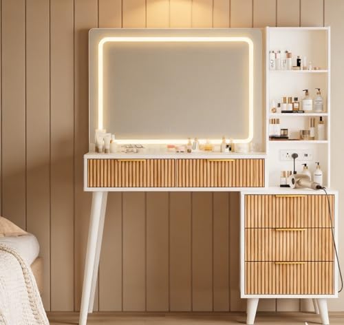 Makeup Vanity Desk with Mirror and Lights, Makeup Desk with 3 Shelves& 5 Drawers, Vanity Table with Power Outlet, 3 Color Adjustable Lighting Dressing Table Set for Bedroom