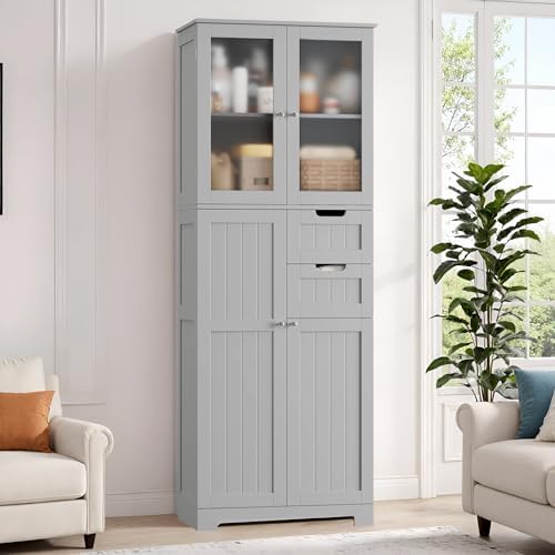 BOTLOG 67'' Tall Bathroom Storage Cabinet with Adjustable Shelf | Frosted Glass Doors, Wood Drawers, Kitchen Pantry Line Cabinet for Kitchen Bathroom, Living Room, Grey