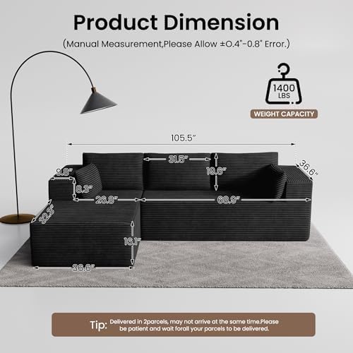 106" Cloud Sectional Boneless Couches for Living Room, Modular L Shaped Couch with Deep Seat Oversized Left Facing Chaise, Memory Foam Compressed Spineless 3 Seater Sofa for Bedroom Apartment, Black