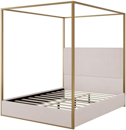 Merax Luxury Queen Metal Canopy Bed with Tall Upholstered Headboard, Beige