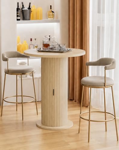 Bar Table with Storage and Sliding Door, 39.4” H 31.5” W Small Round Kitchen Table, Home Bar High Top Cocktail Table for Kitchen, Coffee Bar, Living Room, Oak