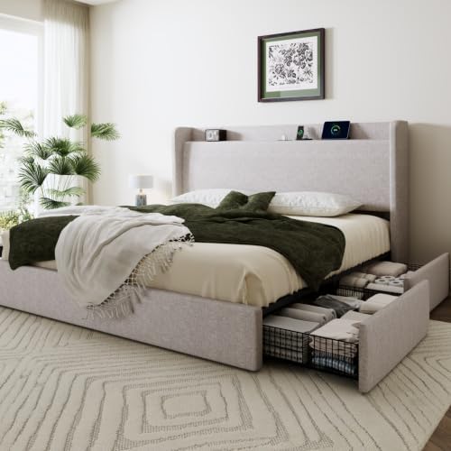 SHA CERLIN King Size Storage Bed Frame with 4 Oversized Drawers, Modern Wingback Headboard with Storage Shelf & Charging Station, No Box Spring Needed, Easy Assembly, Light Beige
