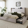 SHA CERLIN King Size Storage Bed Frame with 4 Oversized Drawers, Modern Wingback Headboard with Storage Shelf & Charging Station, No Box Spring Needed, Easy Assembly, Light Beige