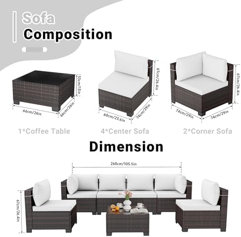 LEVELEVE 7-Piece Outdoor Patio Furniture Sets, Manual Weaving Rattan Conversation Sectional Sofa with Tempered Glass Coffee Table, All-Weather PE Wicker & Thick Cushions for Garden, Backyard, Porch