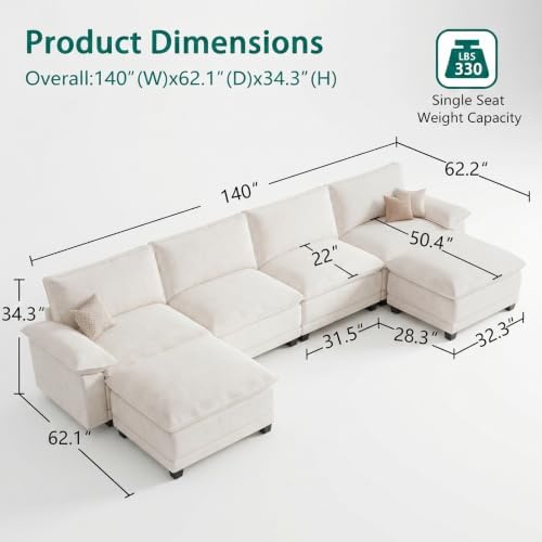 140" Modular Sectional Couch, U Shaped Cloud Sofa for Living Room