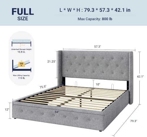 Allewie Full Size Lift Up Storage Button-Tufted Bed Frame Light Grey