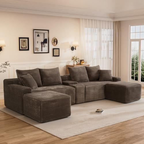 127" U Shaped Cloud Couch Modular Sectional Sofa, Fluffy Comfy Corduroy Boneless Sectional Couches for Living Room, Modern Cloud Sofas with Cup Holders & USB Port, Brown