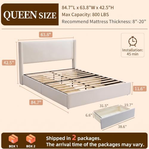 Queen Bed Frame with Storage Drawers, Corduroy Bed with Headboard, Cream
