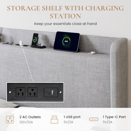 SHA CERLIN Queen Size Storage Bed Frame with 4 Oversized Drawers, Modern Wingback Headboard with Storage Shelf & Charging Station, No Box Spring Needed, Easy Assembly, Grey