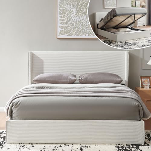 Queen Lift Up Storage Bed, Corduroy Platform Bed with Headboard, Cream