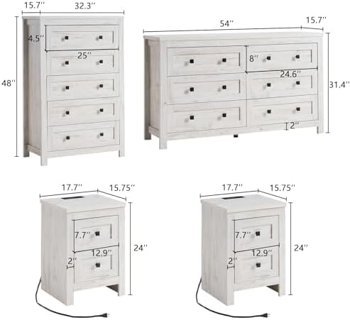 LUXOAK 5-Piece Farmhouse Bedroom Set - Queen Storage Bed & Dresser, White