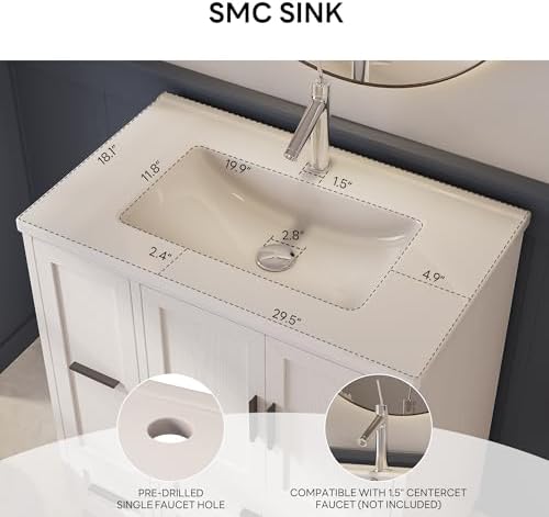 LIKIMIO 29.5" Bathroom Vanity with Sink, Hair Tool Drawer, 4 Solid Legs, 4 Drawers 2 Doors, Modern Freestanding Wooden Bathroom Cabinet with Undermount Upgraded SMC Sink, Quick Assembly, White